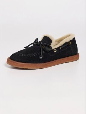 FARM Rio Black Suede Shearling-Trim Moccasin with Tan Sole